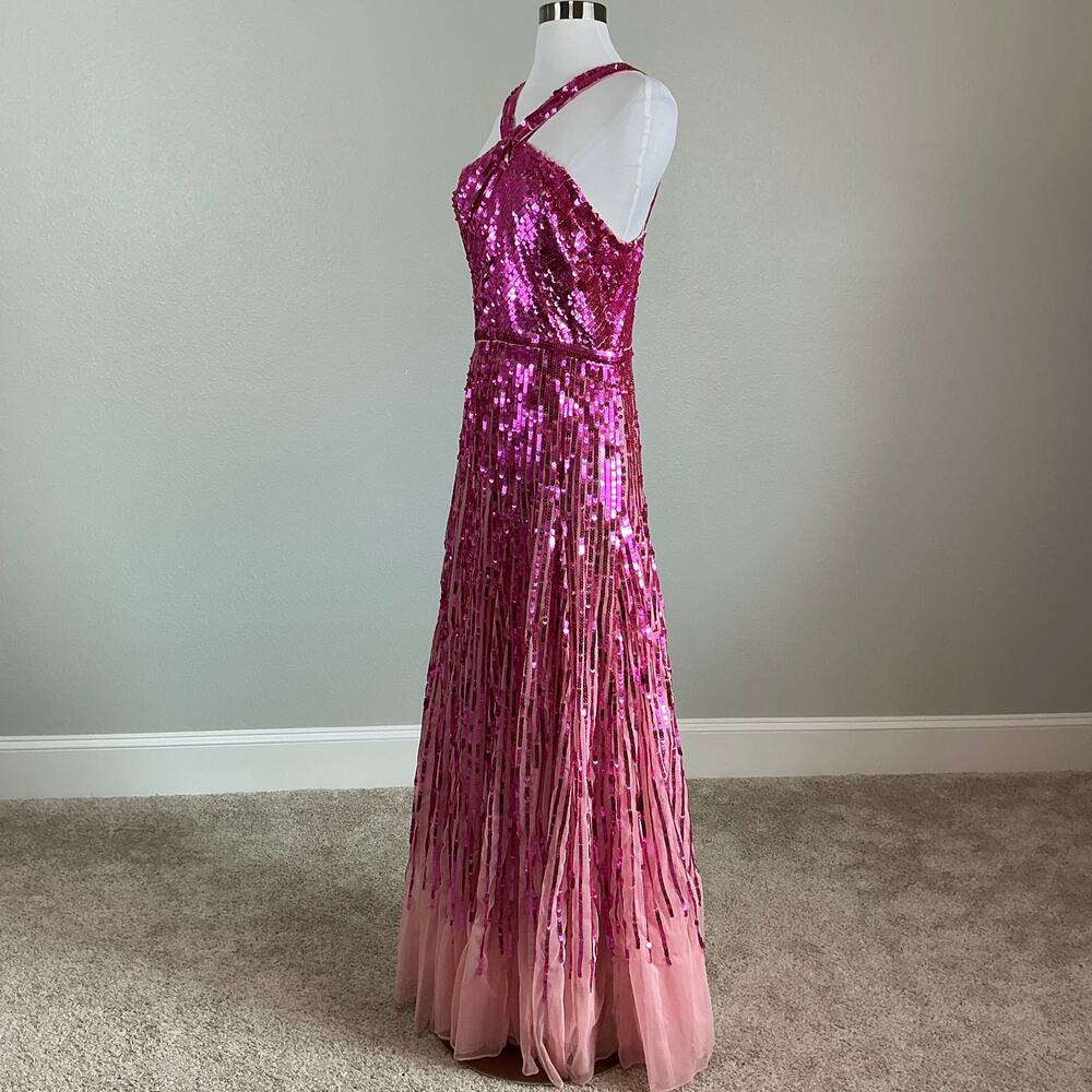 Mac Duggal 93961 Hot Pink Evening Gown Sequined Tulle Halter A-Line Dress Size 8 - Picture 6 of 12